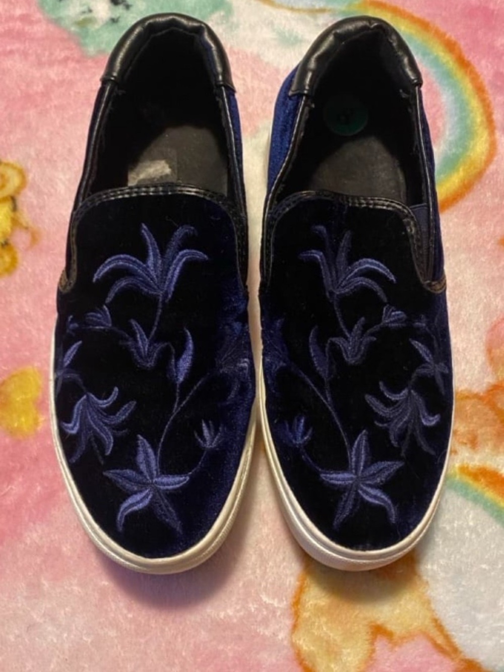 Navy Blue Kenneth Cole Velvet Slip-On Shoes with Embroidered Floral Design